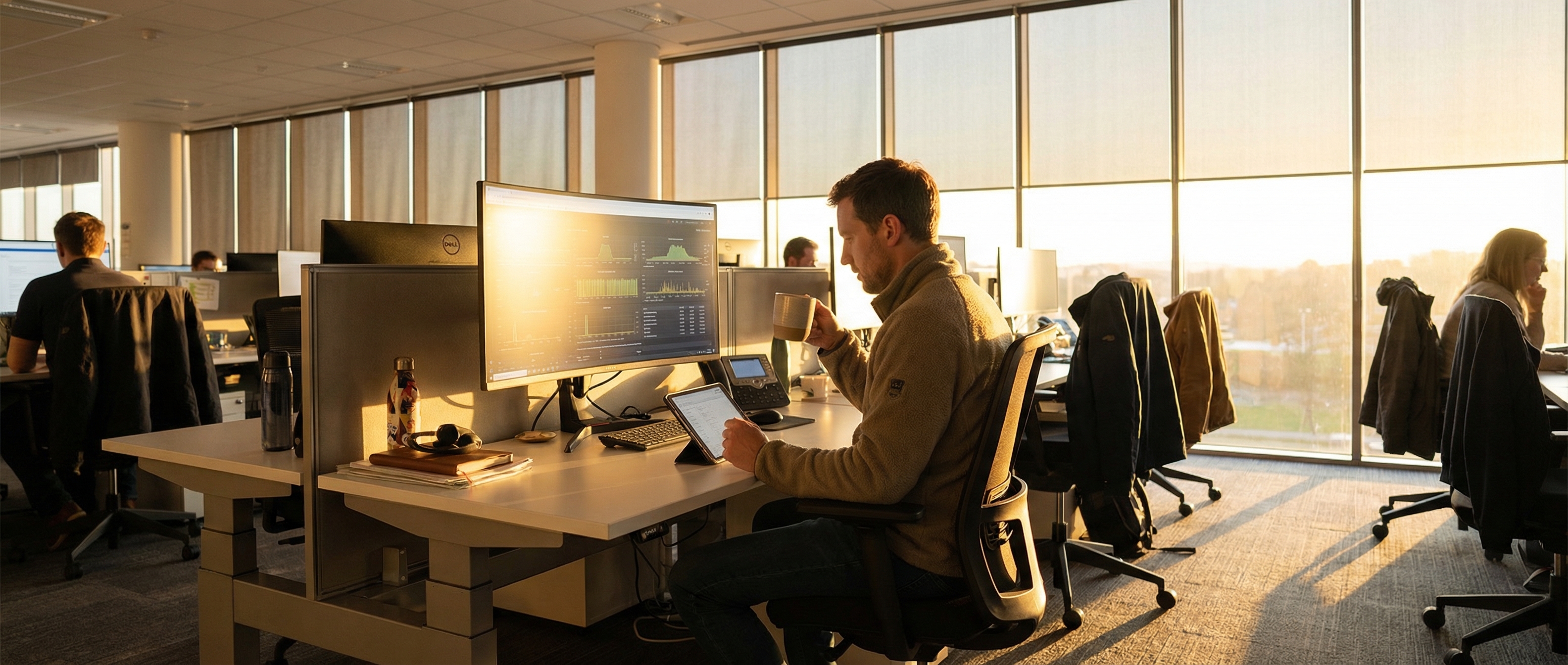 Operations manager reviewing morning priority digest at sunrise in modern office