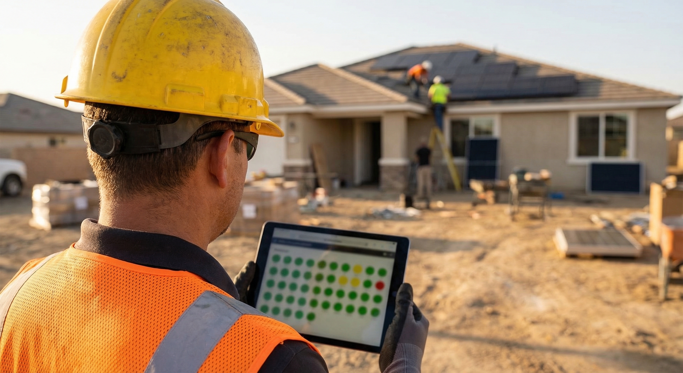 Project coordinator checking real-time dashboard on tablet at solar construction site